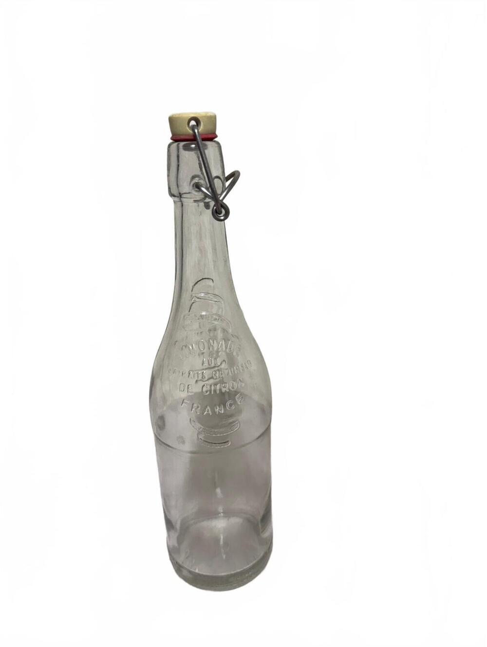 Vintage French Embossed Glass Lemonade Bottle Swing Top Stoppers France 13 In